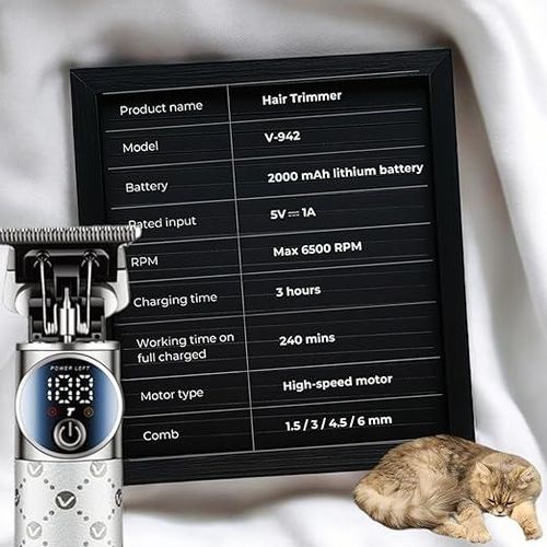 Professional Trimmer - Ceramic and Carbon Steel Blades, 2000mAh Battery, LED Display, Turbo Speed, USB-C Charging, Corded and Cordless VGR-942 Hair Clipper