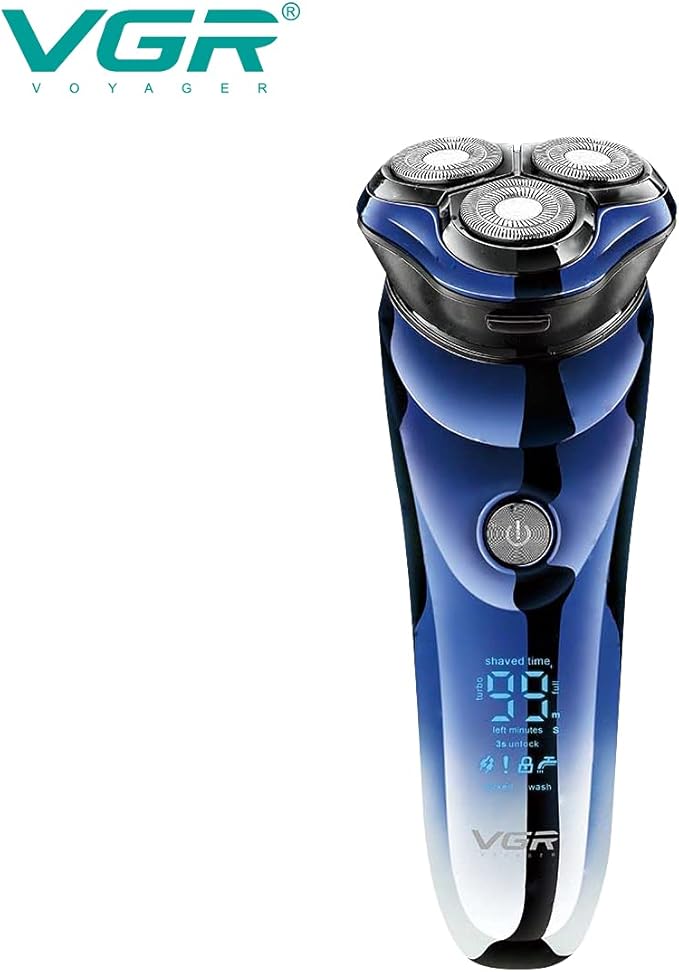 VGR V-305 Premium Cordless Rechargeable IPX7 Fully Waterproof 3 Head Electric Shaver Wet & Dry Rotary Shavers for Men with Pop-up Trimmer Super-Fast Charge 100 minutes Runtime with LED Digital Display