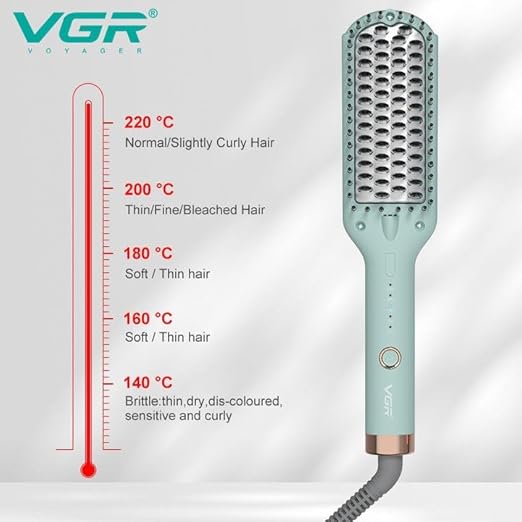 Hair Straightening Brush VGR V-592 , for straight and shiny hair in minutes, Maximum temperature of 220°C, Safe heating heads , 5 heating settings, LED temperature indicator , 360° rotating cable prevents tangling and provides flexibility during use.