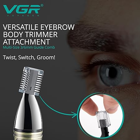 VGR 3-in-1 Nose and Ear Hair Trimmer for Men - Eyebrow Body Razor and Beard Trimming Attachment - Cordless Rechargeable 120 mins Battery - Painless Nostril Nasal Remover
