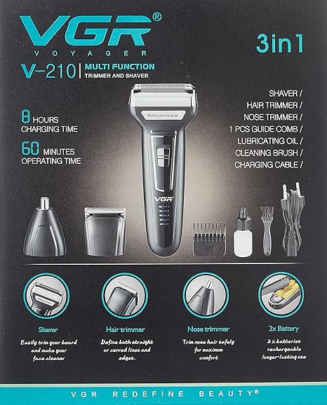 VGR Professional Cordless Hair Trimmer 3 in 1 , Rechargeable, V-210