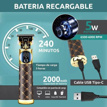 Professional Trimmer - Ceramic and Carbon Steel Blades, 2000mAh Battery, LED Display, Turbo Speed, USB-C Charging, Corded and Cordless VGR-942 Hair Clipper