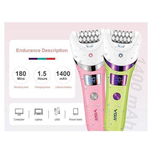 VGR V-759 Professional 5-in-1 Women's Hair Removal Device – IPX7 Waterproof, 30 Tweezer System, LED Light, 2 Speeds, 180-Minute Battery, USB Charging.