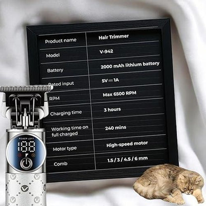 Professional Trimmer - Ceramic and Carbon Steel Blades, 2000mAh Battery, LED Display, Turbo Speed, USB-C Charging, Corded and Cordless VGR-942 Hair Clipper