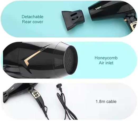 VGR V-423 Professional Salon Series Hair Dryer 1800-2200W DC Motor 3 Heat Setting Independent Cool Shot Styling Comb Nozzle Overheating Protection with Turbo Function & 2 Speed Setting