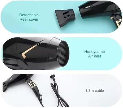 VGR V-423 Professional Salon Series Hair Dryer 1800-2200W DC Motor 3 Heat Setting Independent Cool Shot Styling Comb Nozzle Overheating Protection with Turbo Function & 2 Speed Setting