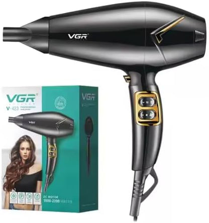 VGR V-423 Professional Salon Series Hair Dryer 1800-2200W DC Motor 3 Heat Setting Independent Cool Shot Styling Comb Nozzle Overheating Protection with Turbo Function & 2 Speed Setting
