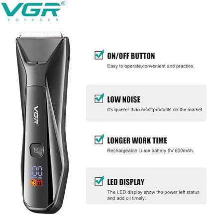 ماكينة حلاقة شعر الجسم VGR V-938 للرجال - ماكينة حلاقة شعر الكرات للرجال، ماكينة حلاقة شعر العانة مع 4 أمشاط تشذيب، ماكينة حلاقة شعر العانة المقاومة للماء مع قاعدة شحن لاسلكية وجهاز تشذيب الجسم مع كشاف LED وقفل للسفر 