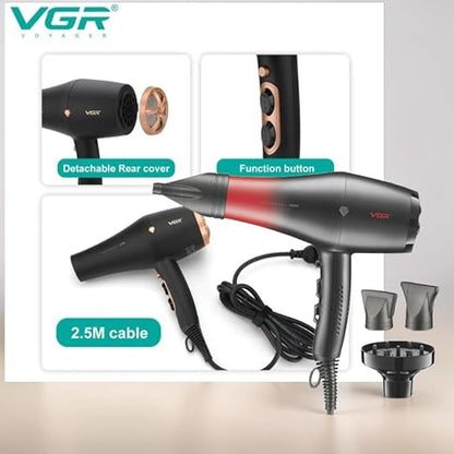 VGR V-462 Professional Salon Series Hair Dryer 2200-2600W AC Motor 3 Heat & 2 Speed Setting Independent Cool Shot Styling Nozzle Concentrator Diffuser Overheating Protection (Red)