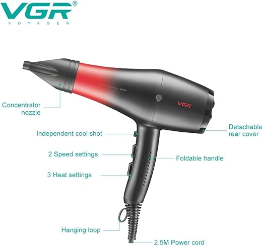 VGR V-462 Professional Salon Series Hair Dryer 2200-2600W AC Motor 3 Heat & 2 Speed Setting Independent Cool Shot Styling Nozzle Concentrator Diffuser Overheating Protection (Red)