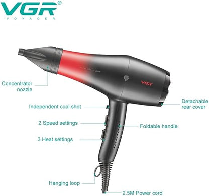 VGR V-462 Professional Salon Series Hair Dryer 2200-2600W AC Motor 3 Heat & 2 Speed Setting Independent Cool Shot Styling Nozzle Concentrator Diffuser Overheating Protection (Red)