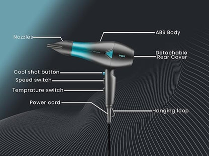 VGR V-455 Professional Hair Dryer with 2400W AC Motor, 3 Heat Settings, 2 Speed Settings, Cool Shot Button, Black and Blue, Dual Concentrator Nozzles