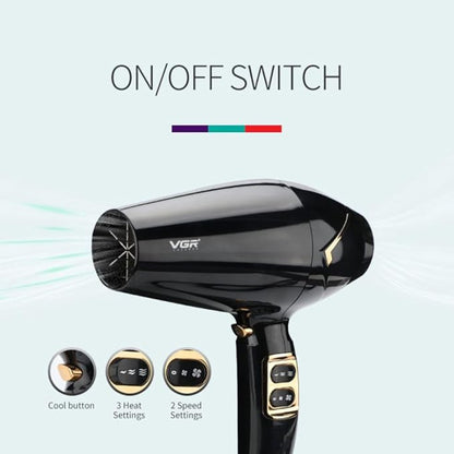 VGR V-423 Professional Salon Series Hair Dryer 1800-2200W DC Motor 3 Heat Setting Independent Cool Shot Styling Comb Nozzle Overheating Protection with Turbo Function & 2 Speed Setting
