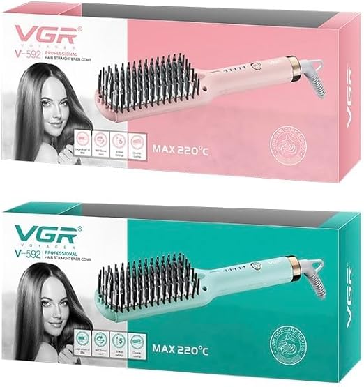 Hair Straightening Brush VGR V-592 , for straight and shiny hair in minutes, Maximum temperature of 220°C, Safe heating heads , 5 heating settings, LED temperature indicator , 360° rotating cable prevents tangling and provides flexibility during use.