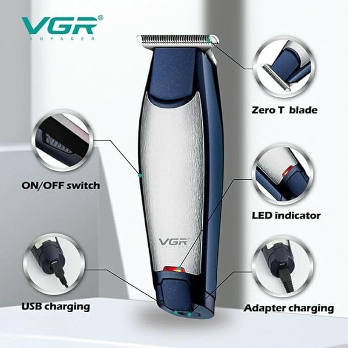 VGR V-212 Professional Razor, 3 Guide Combs, USB Charging, 80 Minutes Run, Silver and Navy