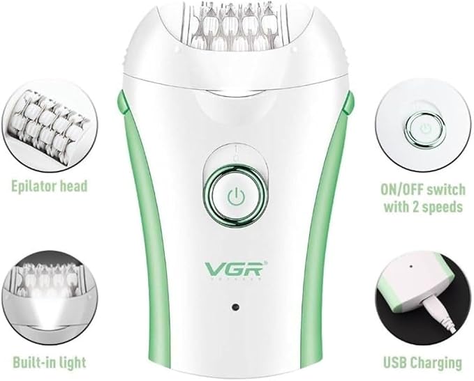 VGR V-705 Compact Professional Cordless Women Epilator for different body areas for gentle hair removal at home Wet & Dry use 120 minutes Runtime 32 Tweezers system & 2 speed settings