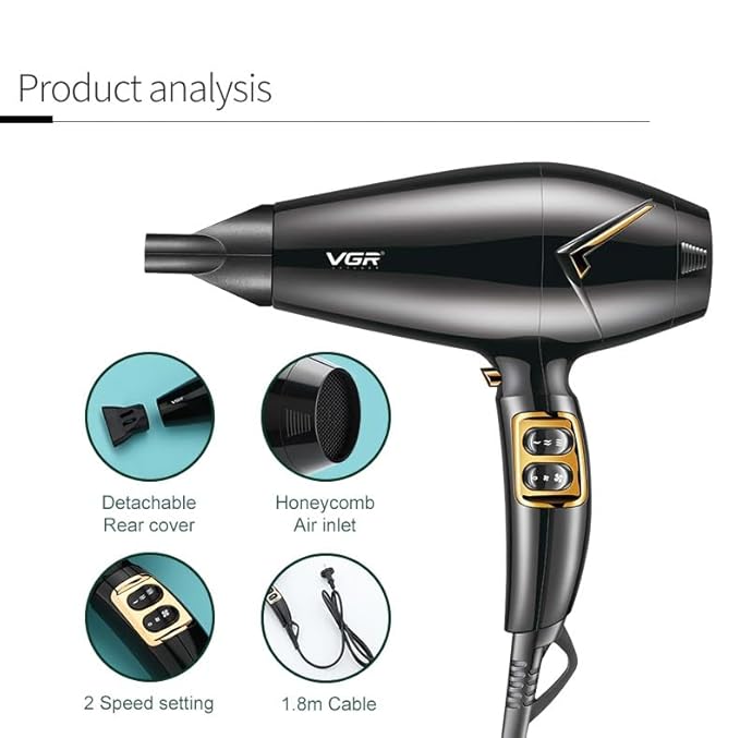 VGR V-423 Professional Salon Series Hair Dryer 1800-2200W DC Motor 3 Heat Setting Independent Cool Shot Styling Comb Nozzle Overheating Protection with Turbo Function & 2 Speed Setting