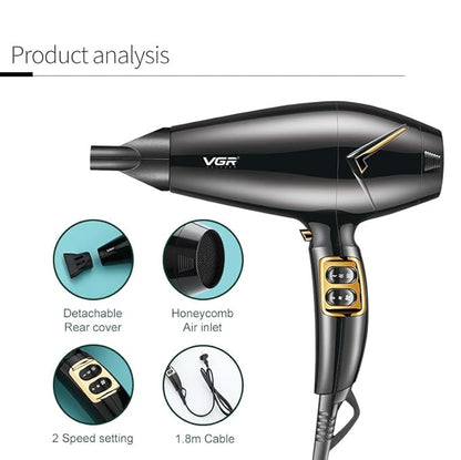 VGR V-423 Professional Salon Series Hair Dryer 1800-2200W DC Motor 3 Heat Setting Independent Cool Shot Styling Comb Nozzle Overheating Protection with Turbo Function & 2 Speed Setting