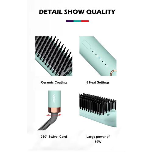 Hair Straightening Brush VGR V-592 , for straight and shiny hair in minutes, Maximum temperature of 220°C, Safe heating heads , 5 heating settings, LED temperature indicator , 360° rotating cable prevents tangling and provides flexibility during use.