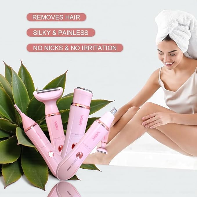 VGR V-761 Professional 4-in-1 Electric Lady Shaver Set, Pink, Waterproof Rechargeable Trimmer with Interchangeable Heads for Face, Body, Nose, Eyebrow Grooming, USB Charging.