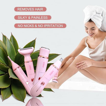 VGR V-761 Professional 4-in-1 Electric Lady Shaver Set, Pink, Waterproof Rechargeable Trimmer with Interchangeable Heads for Face, Body, Nose, Eyebrow Grooming, USB Charging.