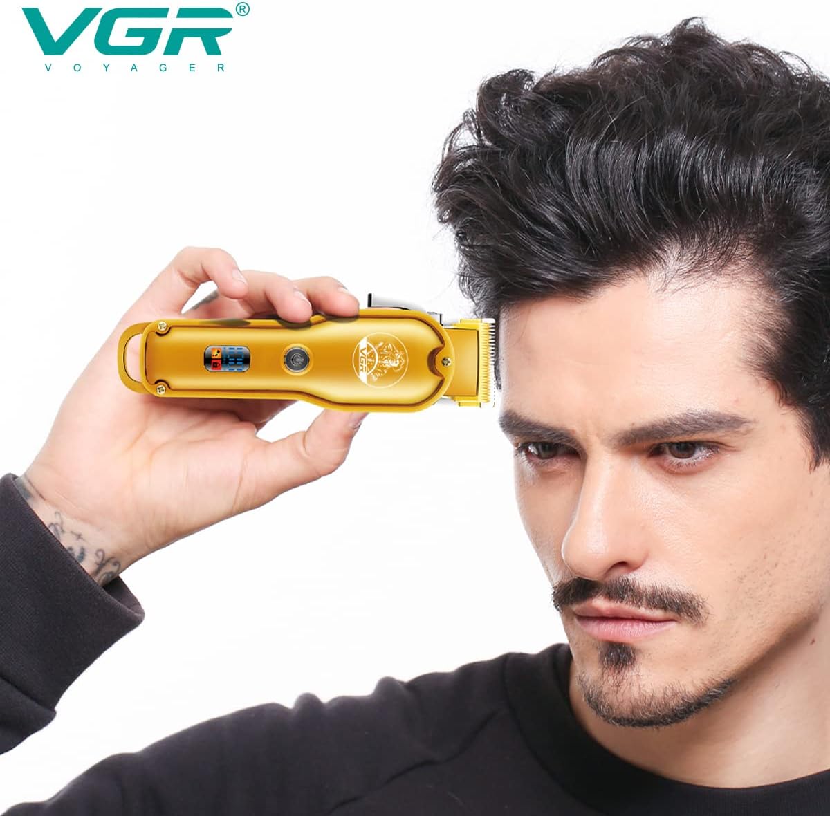 VGR V-650 Professional Hair Clipper with LED Display, Stainless Steel Blades, USB Charging cable, 6 Guide Comb, 2000 mAh Li-ion Battery (Gold)