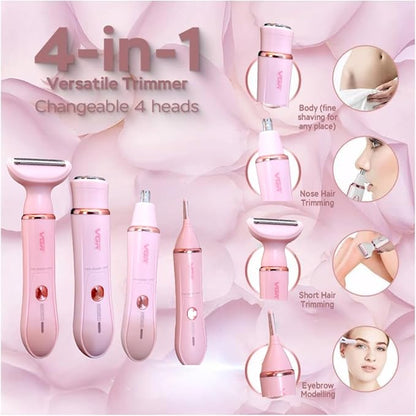 VGR V-761 Professional 4-in-1 Electric Lady Shaver Set, Pink, Waterproof Rechargeable Trimmer with Interchangeable Heads for Face, Body, Nose, Eyebrow Grooming, USB Charging.