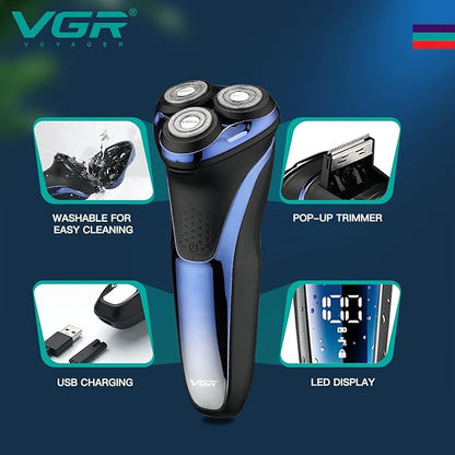 VGR V-306 Premium Cordless Rechargeable IPX7 Fully Waterproof 3 Head Electric Shaver Wet & Dry Rotary Shavers with Pop-up Trimmer Super-Fast Charge 90 minutes Runtime with LED Digital Display - Blue