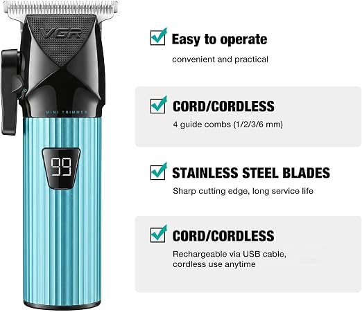 VGR 037 Mini T-Blade Hair Trimmer for Men, Zero Gap Trimmers, Green Metal Body, Stainless Steel Blade, LED Display, USB Charging.