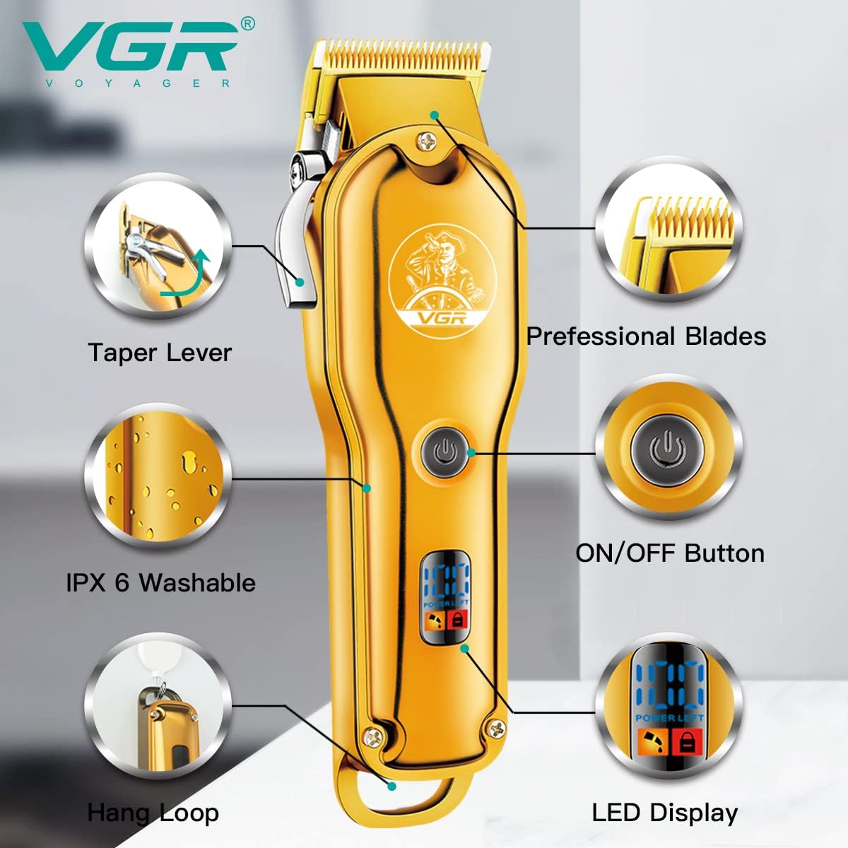 VGR V-650 Professional Hair Clipper with LED Display, Stainless Steel Blades, USB Charging cable, 6 Guide Comb, 2000 mAh Li-ion Battery (Gold)