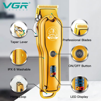 VGR V-650 Professional Hair Clipper with LED Display, Stainless Steel Blades, USB Charging cable, 6 Guide Comb, 2000 mAh Li-ion Battery (Gold)