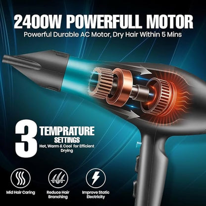 VGR V-455 Professional Hair Dryer with 2400W AC Motor, 3 Heat Settings, 2 Speed Settings, Cool Shot Button, Black and Blue, Dual Concentrator Nozzles