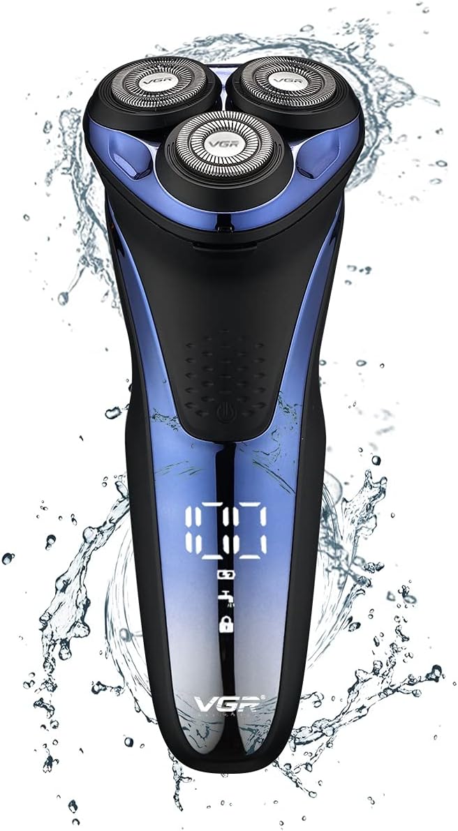 VGR V-306 Premium Cordless Rechargeable IPX7 Fully Waterproof 3 Head Electric Shaver Wet & Dry Rotary Shavers with Pop-up Trimmer Super-Fast Charge 90 minutes Runtime with LED Digital Display - Blue