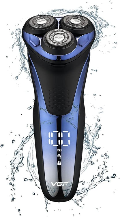 VGR V-306 Premium Cordless Rechargeable IPX7 Fully Waterproof 3 Head Electric Shaver Wet & Dry Rotary Shavers with Pop-up Trimmer Super-Fast Charge 90 minutes Runtime with LED Digital Display - Blue
