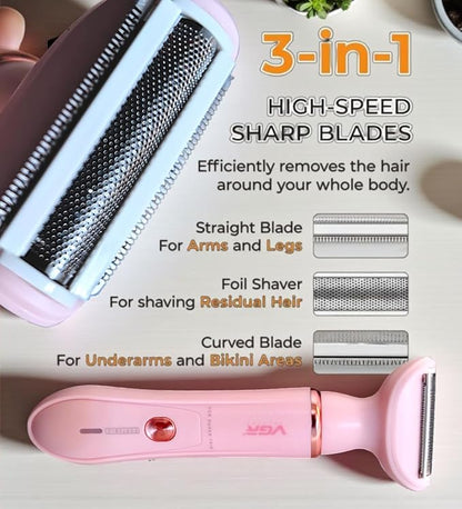 VGR V-761 Professional 4-in-1 Electric Lady Shaver Set, Pink, Waterproof Rechargeable Trimmer with Interchangeable Heads for Face, Body, Nose, Eyebrow Grooming, USB Charging.