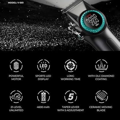 VGR 001 Professional Hair Clippers for Men, Cordless Barber Clippers for Hair Cutting, Carbon Steel Blade Hair Trimmers for Barbers, 9000RPM, LED Display, Black
