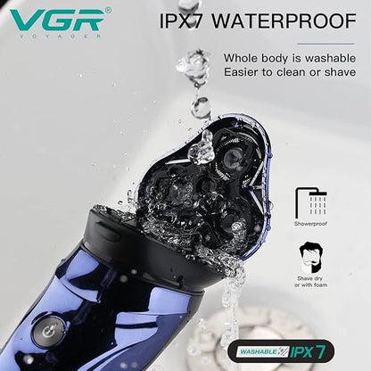 VGR V-305 Premium Cordless Rechargeable IPX7 Fully Waterproof 3 Head Electric Shaver Wet & Dry Rotary Shavers for Men with Pop-up Trimmer Super-Fast Charge 100 minutes Runtime with LED Digital Display