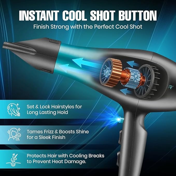 VGR V-455 Professional Hair Dryer with 2400W AC Motor, 3 Heat Settings, 2 Speed Settings, Cool Shot Button, Black and Blue, Dual Concentrator Nozzles