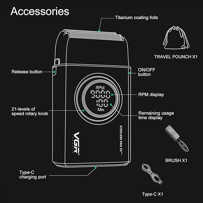 VGR 377 Foil Shaver for Men, Electric Razor for Shaving Face with Double Foil, 21-Speed 9000 RPM Motor Bald Shavers LED Display Titanium Foils, Barber Supplies (Red), Men's Gifts