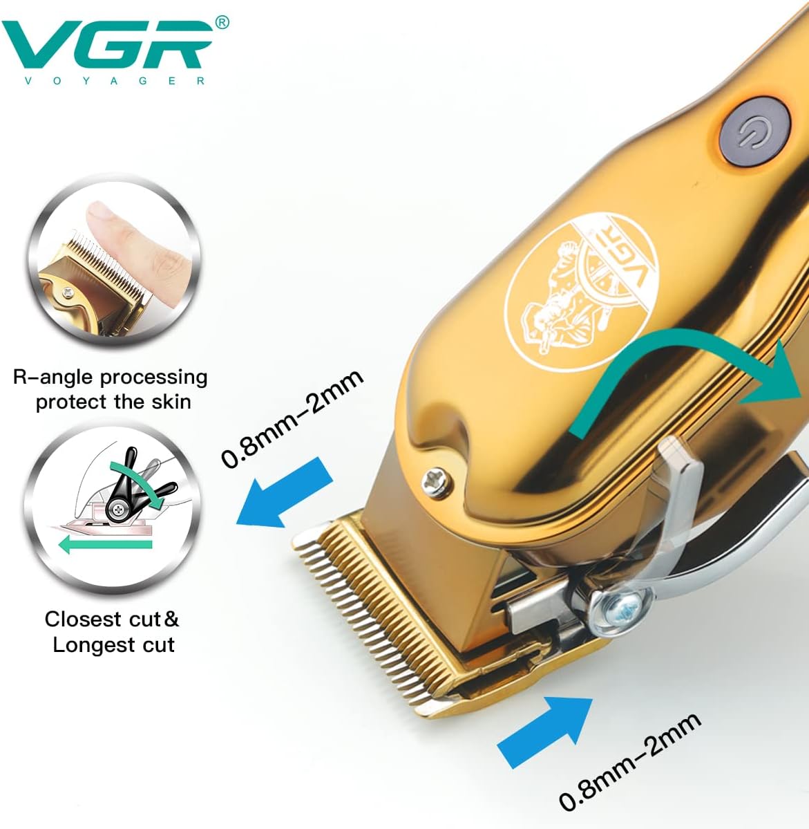 VGR V-650 Professional Hair Clipper with LED Display, Stainless Steel Blades, USB Charging cable, 6 Guide Comb, 2000 mAh Li-ion Battery (Gold)