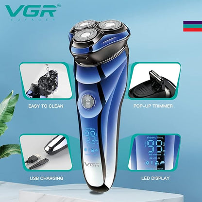 VGR V-305 Premium Cordless Rechargeable IPX7 Fully Waterproof 3 Head Electric Shaver Wet & Dry Rotary Shavers for Men with Pop-up Trimmer Super-Fast Charge 100 minutes Runtime with LED Digital Display