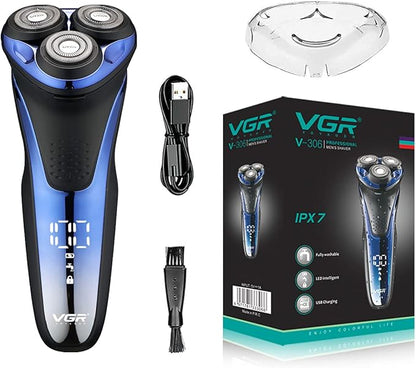 VGR V-306 Premium Cordless Rechargeable IPX7 Fully Waterproof 3 Head Electric Shaver Wet & Dry Rotary Shavers with Pop-up Trimmer Super-Fast Charge 90 minutes Runtime with LED Digital Display - Blue