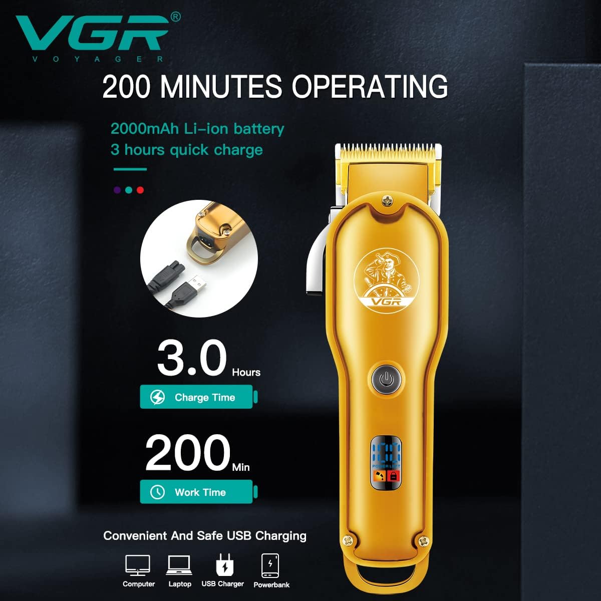 VGR V-650 Professional Hair Clipper with LED Display, Stainless Steel Blades, USB Charging cable, 6 Guide Comb, 2000 mAh Li-ion Battery (Gold)
