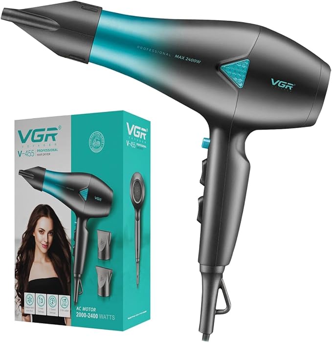 VGR V-455 Professional Hair Dryer with 2400W AC Motor, 3 Heat Settings, 2 Speed Settings, Cool Shot Button, Black and Blue, Dual Concentrator Nozzles