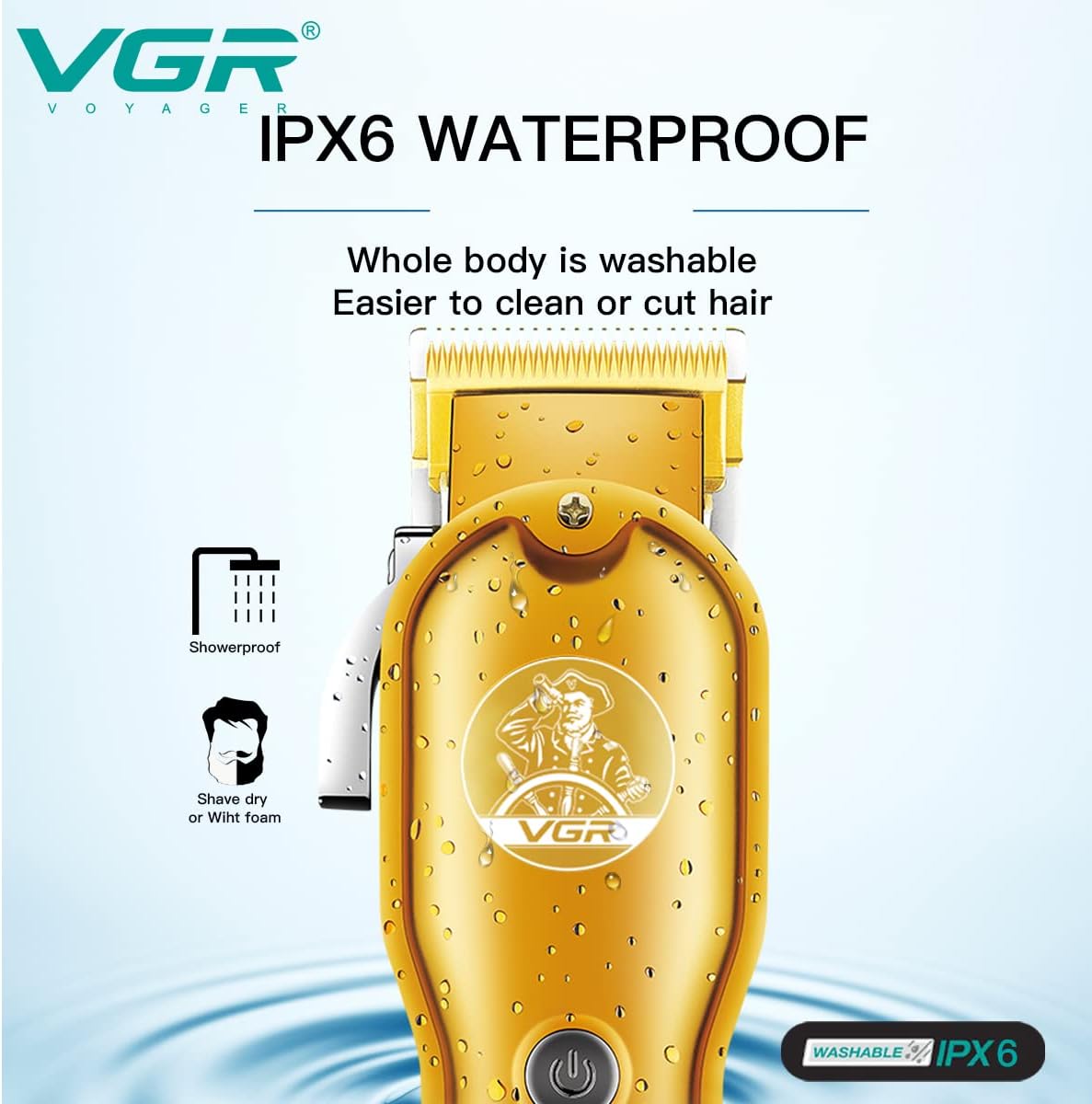 VGR V-650 Professional Hair Clipper with LED Display, Stainless Steel Blades, USB Charging cable, 6 Guide Comb, 2000 mAh Li-ion Battery (Gold)