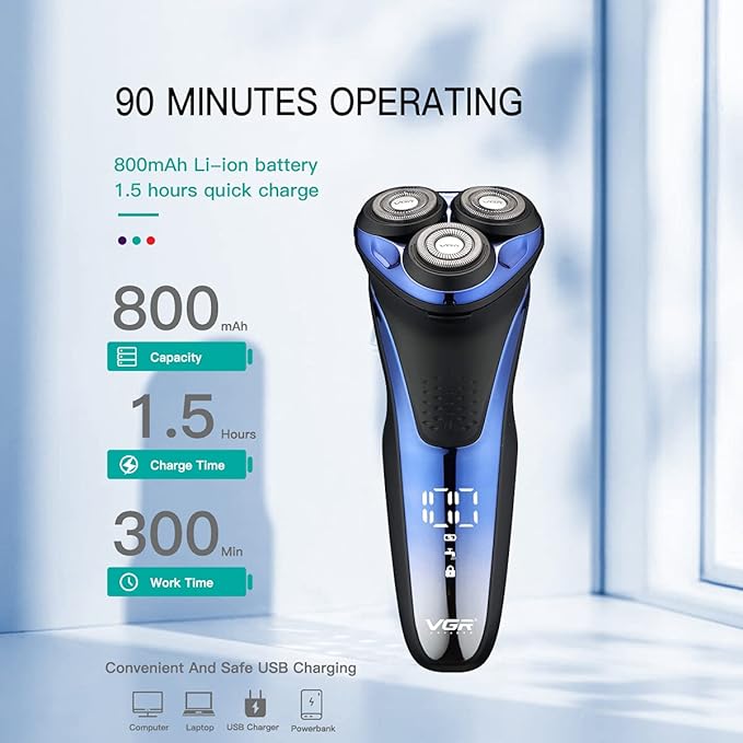 VGR V-306 Premium Cordless Rechargeable IPX7 Fully Waterproof 3 Head Electric Shaver Wet & Dry Rotary Shavers with Pop-up Trimmer Super-Fast Charge 90 minutes Runtime with LED Digital Display - Blue