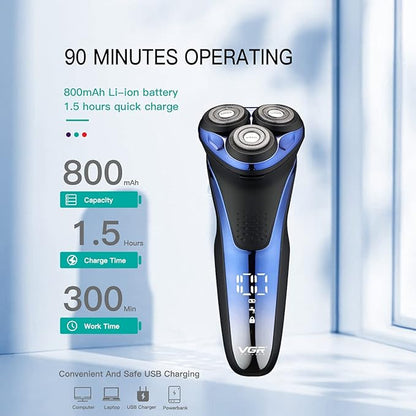 VGR V-306 Premium Cordless Rechargeable IPX7 Fully Waterproof 3 Head Electric Shaver Wet & Dry Rotary Shavers with Pop-up Trimmer Super-Fast Charge 90 minutes Runtime with LED Digital Display - Blue