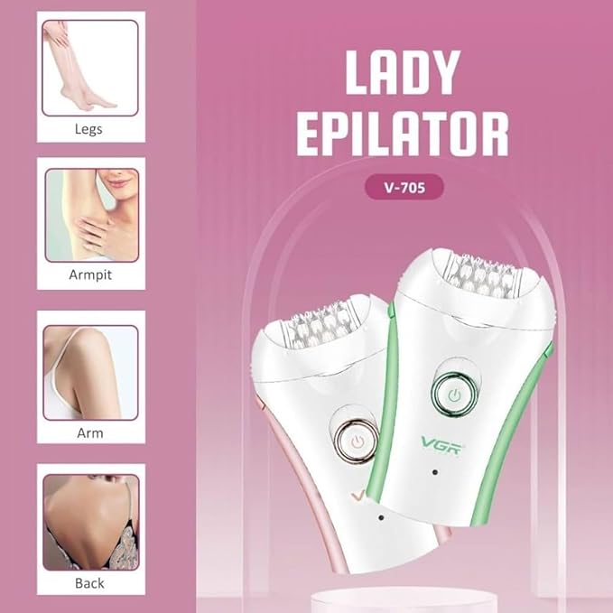 VGR V-705 Compact Professional Cordless Women Epilator for different body areas for gentle hair removal at home Wet & Dry use 120 minutes Runtime 32 Tweezers system & 2 speed settings