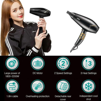 VGR V-423 Professional Salon Series Hair Dryer 1800-2200W DC Motor 3 Heat Setting Independent Cool Shot Styling Comb Nozzle Overheating Protection with Turbo Function & 2 Speed Setting
