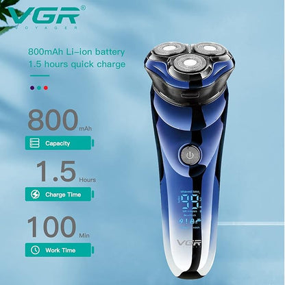 VGR V-305 Premium Cordless Rechargeable IPX7 Fully Waterproof 3 Head Electric Shaver Wet & Dry Rotary Shavers for Men with Pop-up Trimmer Super-Fast Charge 100 minutes Runtime with LED Digital Display